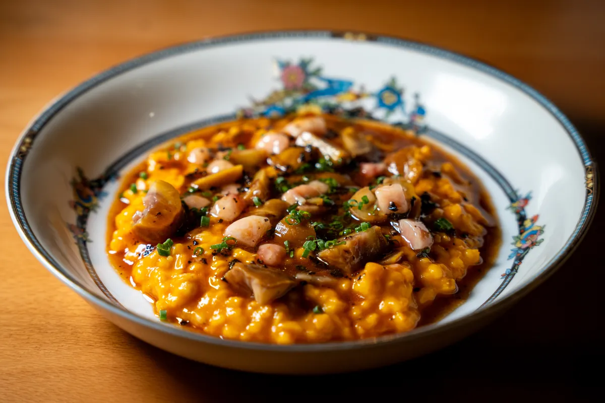 Risotto with mushrooms, chives, and jus in a painted porcelain bowl