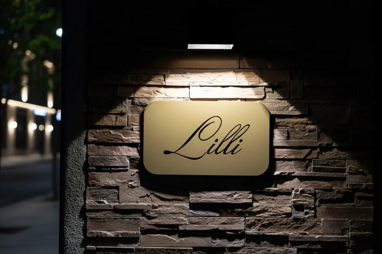 Lilli's illuminated sign on a stone wall outside the restaurant in Las Vegas Chinatown