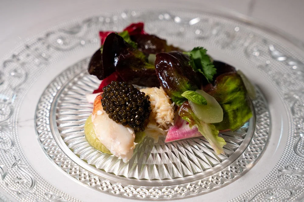 Dungeness crab with caviar on a crystal plate
